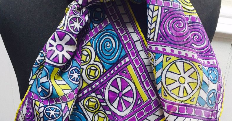 Vintage 1960s Purple, Blue Yellow Geometric Head Scarf/Kerchief by Vera