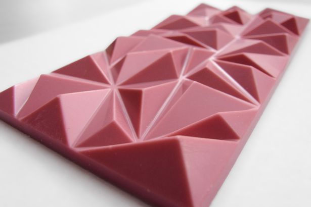 An 80 gram, pure ruby chocolate bar