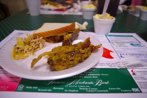 Sweatman's BBQ  Delicious ribs, pre-doused in mustard sauce, of course.