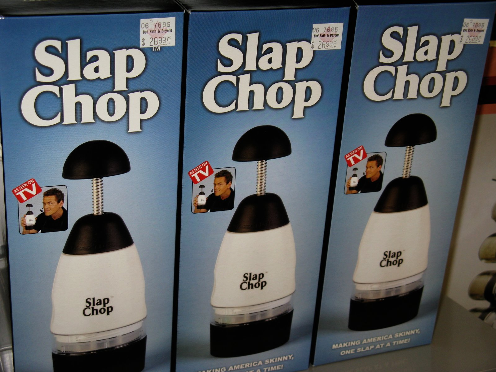 Row of Three Boxes of Slap Chop, From a TV Infomercial, at Bed Bath & Beyond
