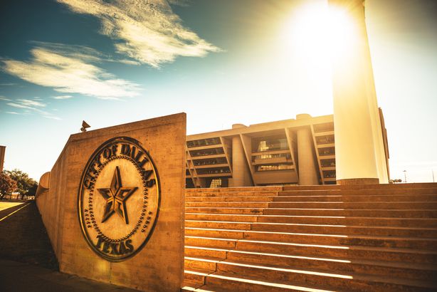 Dallas City Hall, Dallas, Sepia Coloring with Sun Shining Over