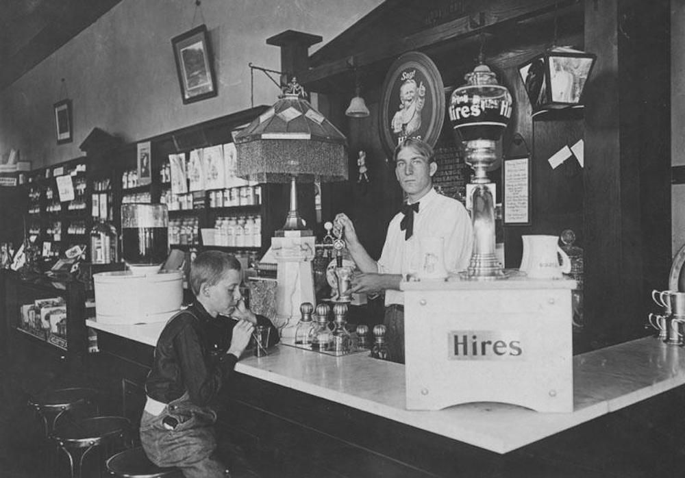 Dittmer's Mission Pharmacy interior with soda fountain, located on South Glassell Street, Orange, California, 1905. Photo courtesy of Orange Public Library and History Center
