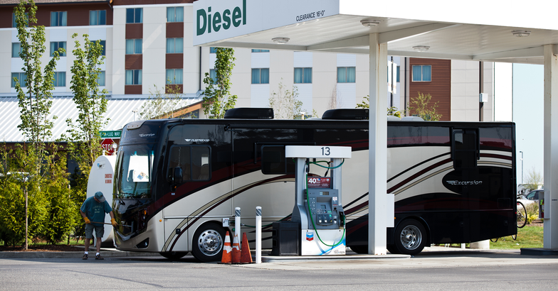 RV pulling into a gas station