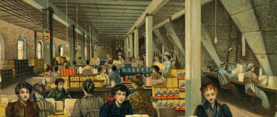 View of female workers packing boxes of oats for the Quaker Oats brand company, Chicago, 1890s.