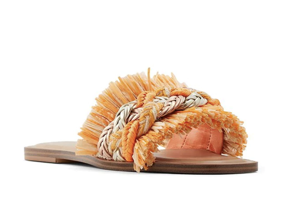 Woven Raffia Fringe Flat Slides