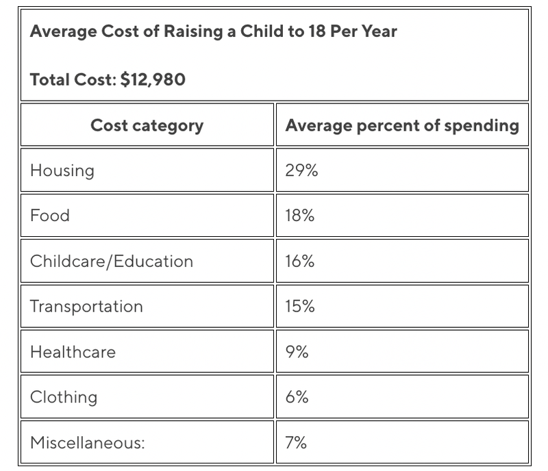 Average Cost of Raising a Child to 18 Per Year