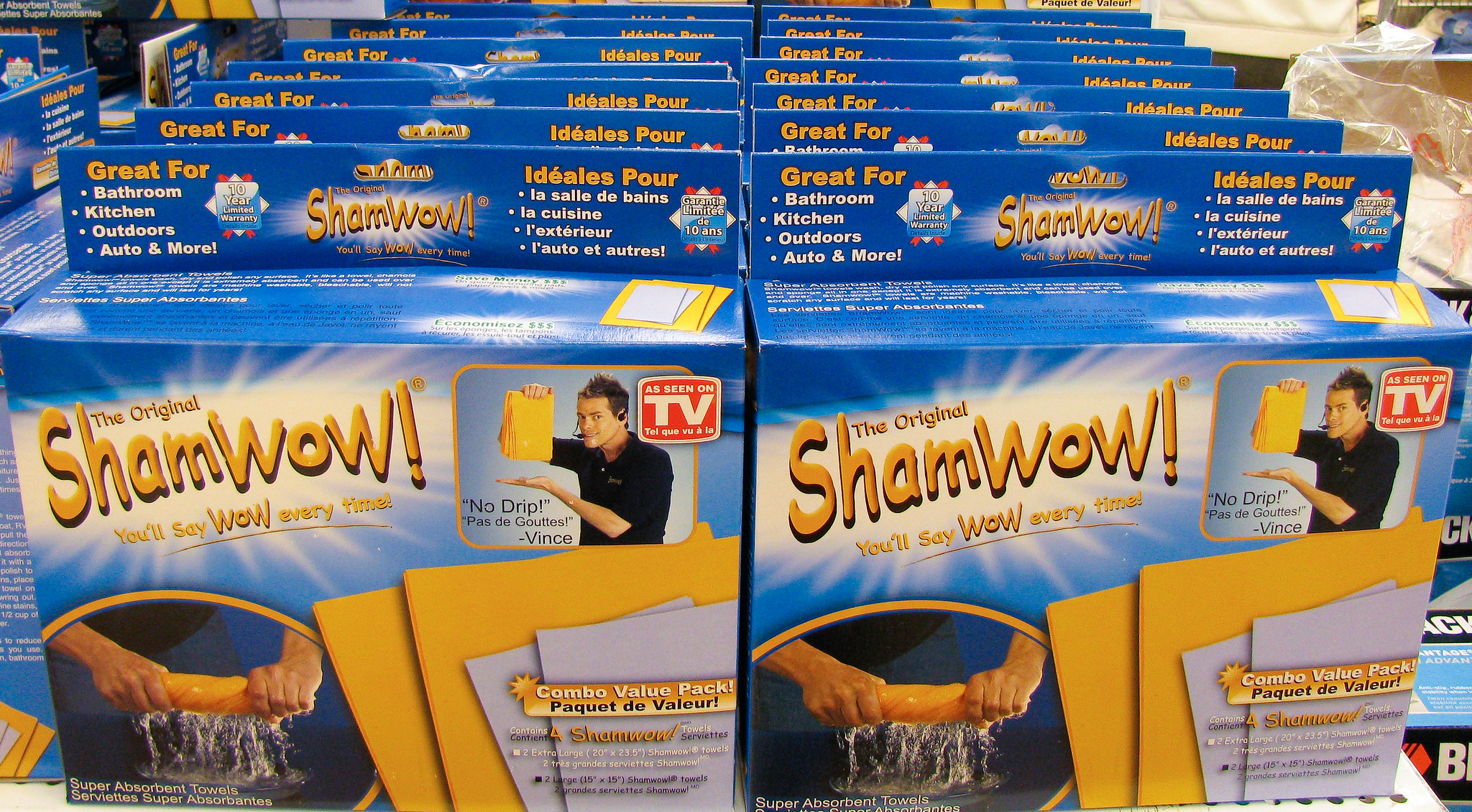 Two Rows of Boxes of The ShamWow From a TV Infomercial for Sale in a Store