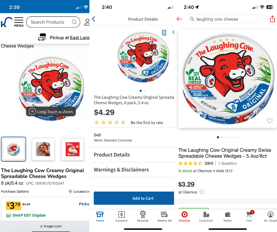 prices of laughing cow cheese at target, meijer, and kroger