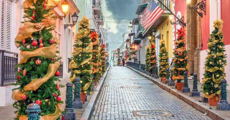 street in san juan decorated with christmas trees