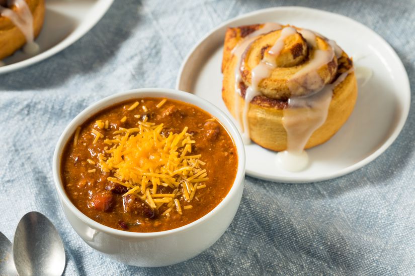 Homemade Chili Soup and Cinnamon Roll