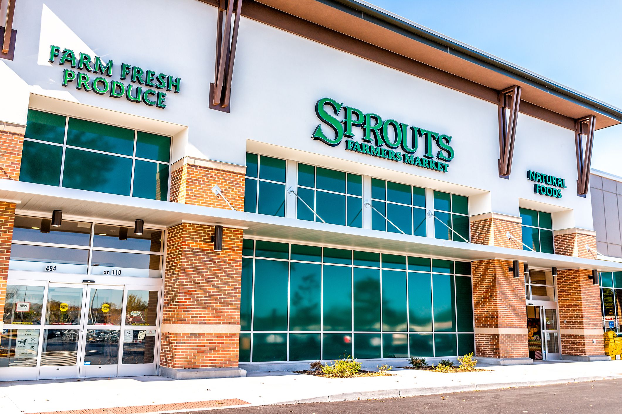 Herndon, USA - November 4, 2019: Exterior of Sprouts Farmers Market store with farm fresh produce sign on street in Virginia Fairfax County