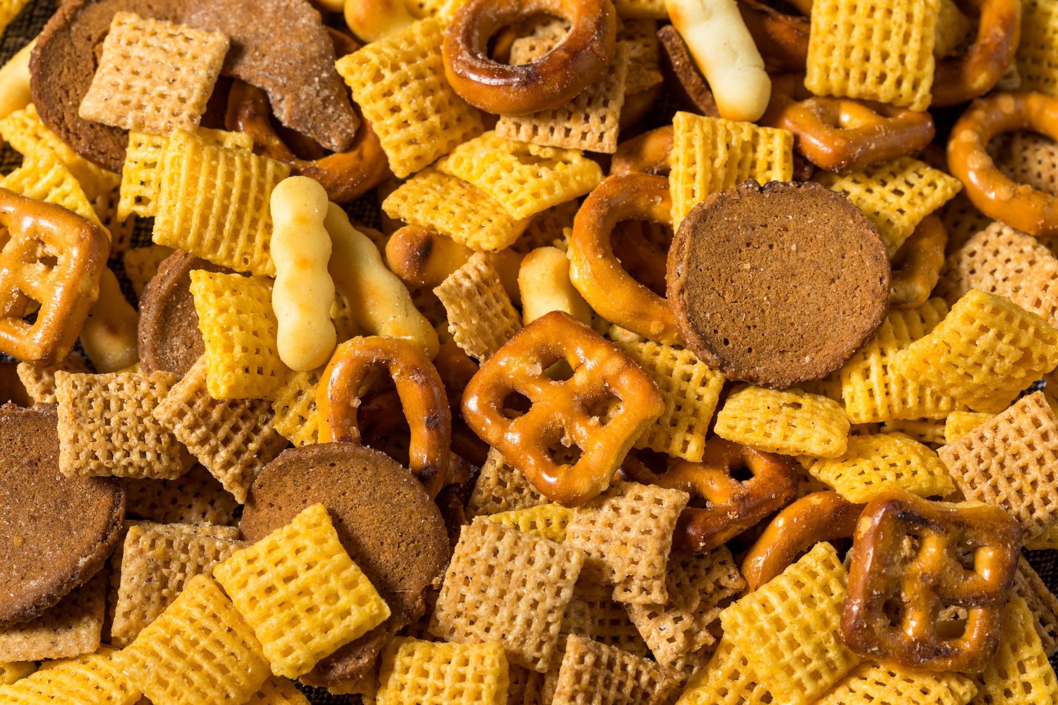 Homemade Salty Party Snack Mix with Cereal and Pretzels
