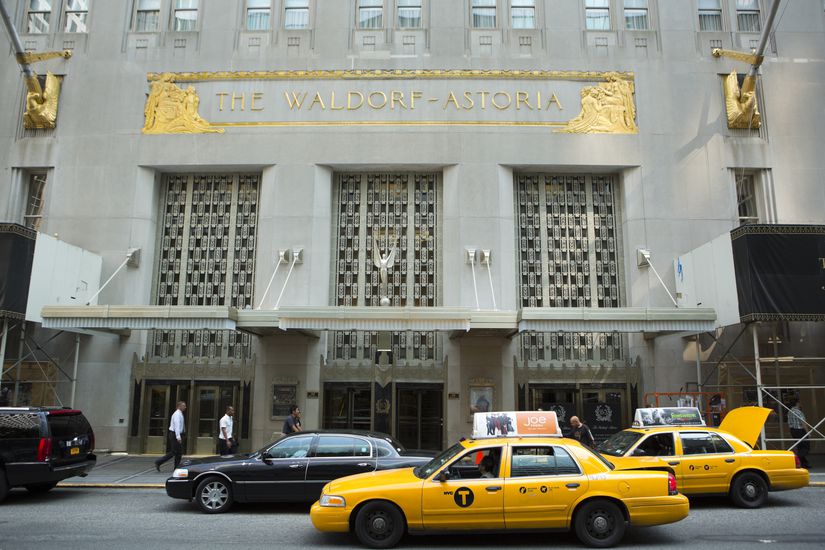 The Waldorf Astoria New York City with Taxi Cabs