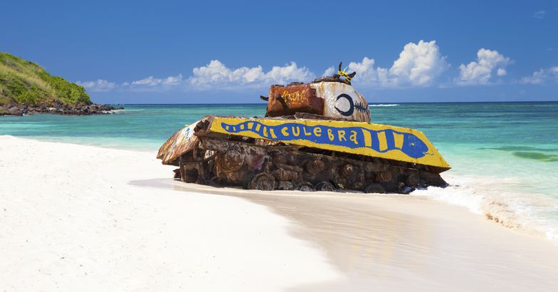 rusted, painted army tank on culebra island