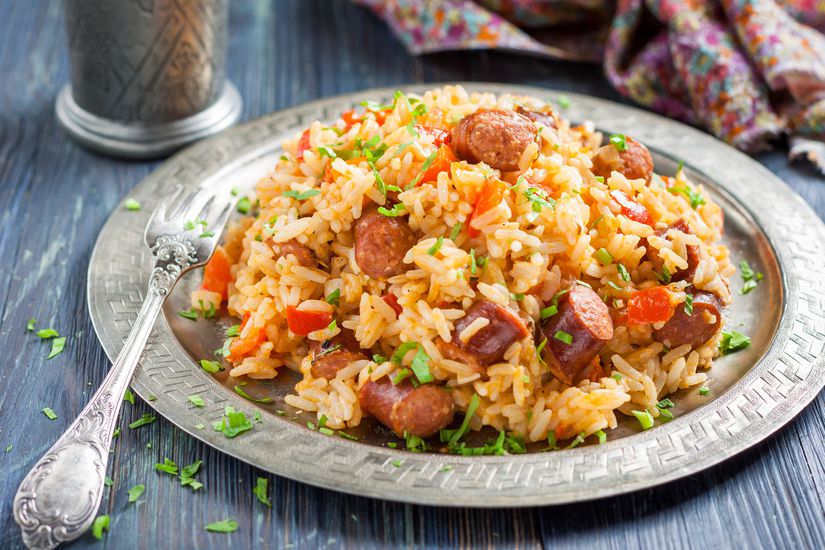 Jambalaya. Spicy rice with smoked sausage and red pepper