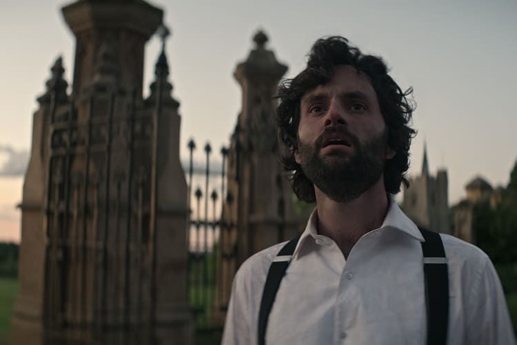 Penn Badgley as Joe Goldberg at the Borehall-Blaxworth country house in You, Season 4 .