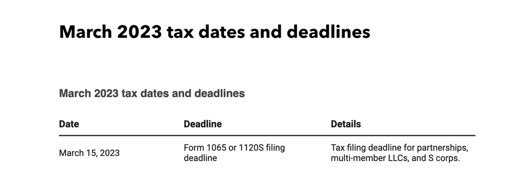 March 2023 tax dates and deadlines