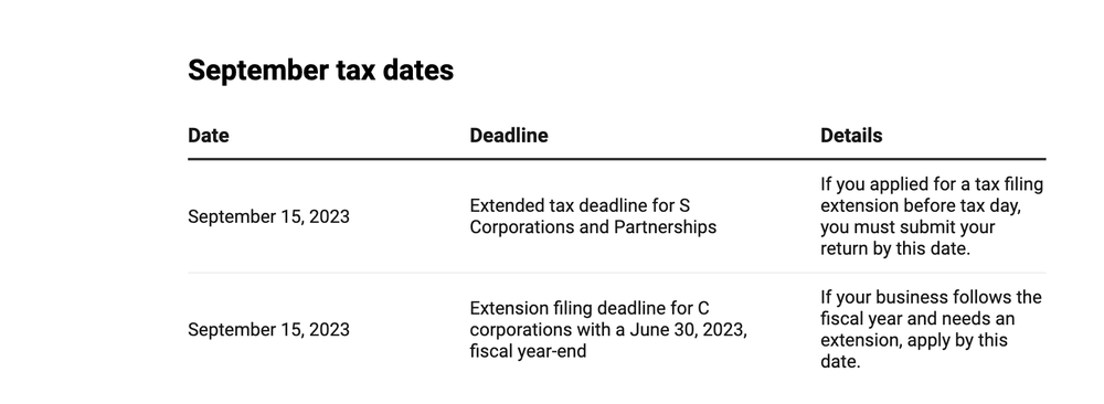 September 2023 tax dates and deadlines